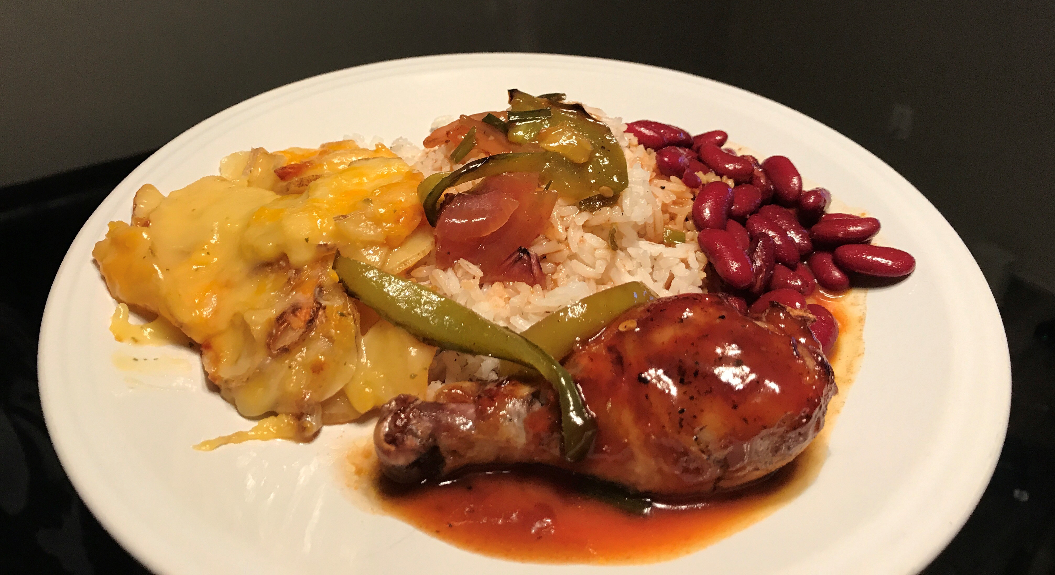 BBQ Chicken with Scalloped Potatoes, Rice & Beans